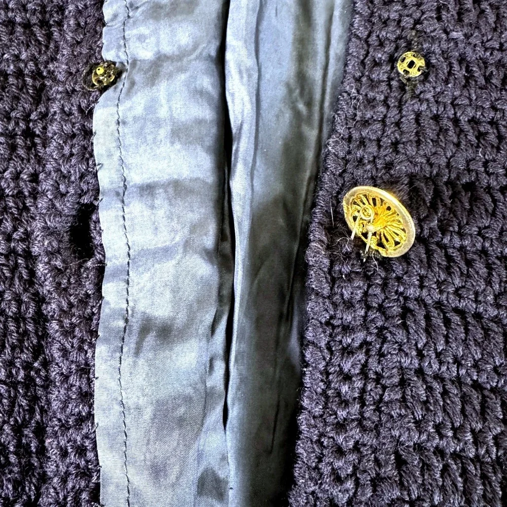 Vintage Hand Knit Navy Blue Coat Women's Small Lined Gold Buttons Artisan